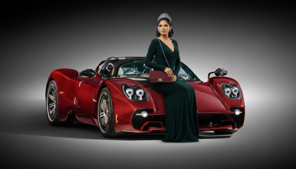 borsetta bordeaux by Liza indossata da miss mondo su una Pagani